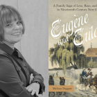 Side-by-side image showing a black-and-white portrait of author Melissa Daggett smiling with her arms crossed, next to the illustrated book cover for Eugène and Eulalie: A Family Saga of Love, Race, and Property in Nineteenth-Century New Orleans by Melissa Daggett, featuring a 19th-century New Orleans street scene with a horse-drawn carriage.