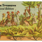 Illustrated design of a historic Carnival float featuring costumed figures standing among palm trees and greenery on a wheeled platform, rendered in a vintage, hand-colored style. Text at upper left reads “Hidden Treasures: Carnival Edition.”