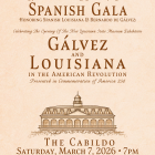 A formal Spanish-colonial–themed invitation with an ornate brown border and crest at the top. The text reads: “Louisiana Museum Foundation requests the pleasure of your company at a Spanish Gala honoring Spanish Louisiana and Bernardo de Gálvez, celebrating the opening of the new Louisiana State Museum exhibition Gálvez and Louisiana in the American Revolution, presented in commemoration of America 250.” A detailed line illustration of the Cabildo appears in the center. Below it: “The Cabildo, Saturday, Mar