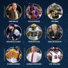 A promotional graphic featuring nine inductees arranged in a three-by-three grid against a dark blue patterned background. Each person is shown in a circular portrait with their name below and their sport or role labeled along the side.  Top row: John Brady (basketball coach) pointing while speaking on the sidelines; Sylvia Fowles (women’s basketball) in an LSU uniform holding a basketball; Joe Horn (football) in a New Orleans Saints uniform running with the ball.  Middle row: Jonathan Lucroy (baseball) in 