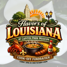 Promotional graphic for “Flavors of Louisiana” at Capitol Park Museum. The design features a large, stylized title in bold vintage lettering over a collage of Louisiana imagery, including the Louisiana State Capitol building, trees, and a rising sun. In the foreground are classic Louisiana foods—a crawfish, a pot of gumbo or stew, sausage, corn, a wooden spoon, and a bottle of hot sauce—arranged on a wooden surface. A banner reads “Cook-Off Fundraiser,” with event details below: Sunday, April 26, 2026, from