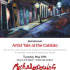 A promotional graphic for a rescheduled artist talk at the Cabildo. The top half features a colorful expressionist-style painting of a New Orleans street at night, with brightly lit doorways, shuttered windows, and glowing streetlamps reflecting onto the street in shades of blue, purple, red, and orange. Below the painting, the text reads “Rescheduled: Artist Talk at the Cabildo.” Additional text invites guests to a lecture by James Michalopoulos on mystical expressionism, followed by a reception and book-s