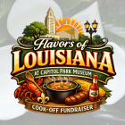 Illustrated logo for “Flavors of Louisiana at Capitol Park Museum” cook-off fundraiser. Design includes the Louisiana State Capitol building, trees, a rising sun, and streetlamps above a bowl of gumbo, crawfish, sausage, corn, and a hot sauce bottle, with decorative vintage-style lettering.