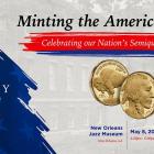 Promotional graphic for an event titled “Minting the American Spirit: Celebrating our Nation’s Semiquincentennial.” The design features a stylized American flag on the left with the word “Liberty” and the phrase “Then, now, and forever,” alongside logos for the U.S. Treasury, America 250, the New Orleans Jazz Museum, and Louisiana America 250. On the right, two gold coins with a Native American profile are shown above event details: New Orleans Jazz Museum, New Orleans, LA; May 8, 2026; 4:00pm–6:00pm. The b