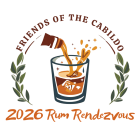 A graphic for the 2026 Rum Rendezvous event. The design features the words “Friends of the Cabildo” arched across the top above an illustrated glass of rum with ice cubes. A bottle pours rum into the glass, with splashes and small sparkles around it. Green leafy branches frame the glass on both sides. At the bottom, in large orange script and numerals, it reads “2026 Rum Rendezvous.”