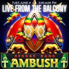 Promotional graphic for Live From the Balcony featuring Ambush Reggae Band. The design shows a colorful reggae-inspired crest with red, green, yellow, and black accents, two gold lions holding flags, and a shield with African-inspired patterns. Text reads: “Tues June 9, 5:00–6:00 PM. Live from the Balcony. Reggae Band Ambush. Presented by the New Orleans Jazz Museum. Sponsored by Positive Vibrations. 400 Esplanade Avenue. www.nolajazzmuseum.org.”