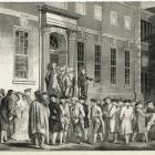 Black-and-white historical illustration showing Colonel John Nixon reading the Declaration of Independence to a crowd gathered outside the Pennsylvania State House, now Independence Hall, in Philadelphia on July 8, 1776.