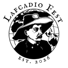 Black-and-white Lafcadio Fest logo featuring an illustrated portrait of Lafcadio Hearn in a wide-brimmed hat, set in front of a globe. Curved text reads “Lafcadio Fest” above the portrait and “Est. 2026” below.