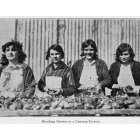 Black-and-white archival photograph of four women shucking oysters at a canning factory, standing behind a large table piled with oyster shells. A printed caption below reads, “Shucking Oysters at a Canning Factory.”
