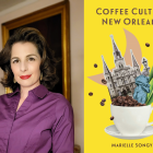 Portrait of a woman in a purple blouse beside the cover of Coffee Culture New Orleans by Marielle Songy. The bright yellow book cover features an illustration of St. Louis Cathedral, coffee beans and leaves, a New Orleans street figure, and a white coffee cup filled with beans.