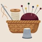 Illustration of a woven sewing basket holding a spool of thread, a threaded needle, and a burgundy pincushion filled with colorful straight pins. A gray thimble rests in front of the basket.