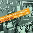 A retro-themed graphic with a purple border featuring a collage of black-and-white photos from the 1950s showing student life. The main title in a large, white script font reads "Frosh Day Capers." An orange banner across the center contains the text: "Curfews, Beanies & Date Nights: Student Life at NSU 8/21 - 12:15 - 1 PM." The photos depict students in various activities, including a woman in a swimsuit, people in costumes, and students interacting.