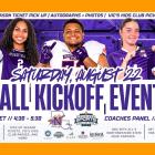 An event flyer for the Northwestern State University "Fall Kickoff Event" on Saturday, August 22. The graphic features three smiling student-athletes—a female basketball player, a male football player, and a female soccer player—wearing their purple and white team uniforms. The main text reads "Saturday, August 22, Fall Kickoff Event." Below, details include a Meet & Greet from 4:30-5:30 and a Coaches Panel from 5:30-6:30. Logos for NSU Athletics and the Louisiana Sports Hall of Fame are displayed at the bo