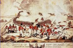 Battle of New Orleans and Death of Major General Packenham on the 8th of Jan. 1815. Joseph Yeager, after William Edward West, printed by Y. Saurman, and published by McCarty & Davis, 1817. Hand-colored engraving and aquatint, 16 1/8 x 20 1/2 inches. Gift of Mr. Thomas Favrot, Louisiana State Museum 1977.114.1.
