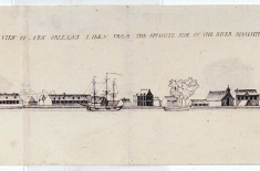 A View of New Orleans taken from Opposite Side of the River Mississippi, 1765. Attributed to Lt./Capt. Philip Pittman, 1765. Ink on paper, 5 7/8 x 46 ½ inches. Louisiana State Museum XX0771.