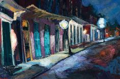 Deliberating Distance. Painting by James Michalopoulos. Expressionist nighttime street scene in the French Quarter, New Orleans. Vibrant brushstrokes capture glowing streetlamps, colorful facades with turquoise shutters, and a deep blue sky.