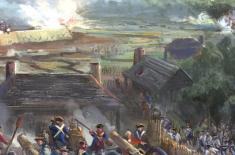 Color painting of the 1779 Siege of Baton Rouge, showing Spanish troops operating large cannons against the British fort. Smoke rises from the battlefield as soldiers in blue and red uniforms engage in combat. 