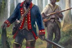 Painting of two Black soldiers in a forest during the American Revolution. The figure in front wears a blue and red Spanish military coat with tall boots and carries a musket, while the man behind him, in a wide-brimmed straw hat and simple shirt, also carries a musket. They move cautiously through shallow water in a wooded landscape.