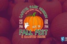 Graphic of an orange pumpkin with a small white ghost and text that reads “Oct. 26.” Surrounding text announces “Capitol Park Museum, Baton Rouge, Louisiana — Fall Fest & Haunted House, 2 PM–6 PM.” The background is filled with pumpkins, and the lower right corner features the logo for Friends of the Capitol Park Museum.