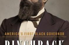 Sepia-toned portrait of P.B.S. Pinchback, an African American man with a full beard, wearing a dark suit, white shirt, and waistcoat, looking slightly to the side. The book title reads Pinchback: America’s First Black Governor by Nicholas Patler.