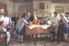 Painting of Bernardo de Gálvez and his officers gathered around a large table during a war council (Junta de Guerra) in July 1779. Gálvez, in a red and gold uniform, stands at the center directing discussion as maps are spread before them.