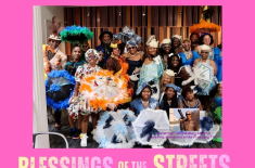 Bright pink event flyer titled “Baby Dolls: Blessings of the Streets.” Center image shows a large group portrait of New Orleans Baby Dolls dressed in colorful, ornate costumes with feathers, parasols, beads, hats, and masks, posed indoors at the New Orleans Jazz Museum. Text below reads: “Saturday January 10th, 2026, 11 a.m. at the New Orleans Jazz Museum, 400 Esplanade.”
