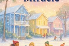 Book cover illustration for A Gulf Coast Miracle by Brittany M. Sanders, showing children playing in falling snow along a Southern neighborhood street lined with colorful houses and palm trees, depicting a rare snow day in the Gulf Coast region.