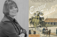 Side-by-side image showing a black-and-white portrait of author Melissa Daggett smiling with her arms crossed, next to the illustrated book cover for Eugène and Eulalie: A Family Saga of Love, Race, and Property in Nineteenth-Century New Orleans by Melissa Daggett, featuring a 19th-century New Orleans street scene with a horse-drawn carriage.