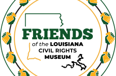 Circular logo for the Friends of the Louisiana Civil Rights Museum. The outer ring is decorated with alternating yellow and green clasped hands. Inside the ring, a thin gold circle surrounds a simple green outline of the state of Louisiana and the word “FRIENDS” in bold green capital letters.
