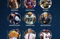 A promotional graphic featuring nine inductees arranged in a three-by-three grid against a dark blue patterned background. Each person is shown in a circular portrait with their name below and their sport or role labeled along the side.  Top row: John Brady (basketball coach) pointing while speaking on the sidelines; Sylvia Fowles (women’s basketball) in an LSU uniform holding a basketball; Joe Horn (football) in a New Orleans Saints uniform running with the ball.  Middle row: Jonathan Lucroy (baseball) in 