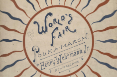 Decorative 19th-century sheet music cover titled “World’s Fair Polka-March” by Henry Wehrmann Jr. of New Orleans, featuring a circular sunburst design with red and blue rays radiating outward from stylized lettering.