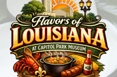 Promotional graphic for “Flavors of Louisiana” at Capitol Park Museum. The design features a large, stylized title in bold vintage lettering over a collage of Louisiana imagery, including the Louisiana State Capitol building, trees, and a rising sun. In the foreground are classic Louisiana foods—a crawfish, a pot of gumbo or stew, sausage, corn, a wooden spoon, and a bottle of hot sauce—arranged on a wooden surface. A banner reads “Cook-Off Fundraiser,” with event details below: Sunday, April 26, 2026, from