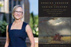 Side-by-side composite: at left, a middle-aged white woman with short blonde hair and glasses stands outdoors in a sleeveless navy dress, smiling; at right, a book cover titled Seeking Freedom in Indian Country: Slavery, Sovereignty, and Resistance within the Five Tribes, 1790–1861 by Kristen Tegtmeier Oertel, featuring a dramatic historical painting of riders under a stormy sky.