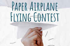 Promotional graphic reading “Paper Airplane Flying Contest” in large blue-outlined text over a light, textured background. A hand in the foreground holds a folded white paper airplane, angled as if about to launch, with simple line accents suggesting motion.