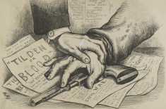 Political cartoon showing two hands clasped over a revolver resting on scattered papers with phrases about “civil war,” “fraud,” and “violence.” The imagery suggests a tense truce or uneasy agreement following conflict.