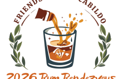 A graphic for the 2026 Rum Rendezvous event. The design features the words “Friends of the Cabildo” arched across the top above an illustrated glass of rum with ice cubes. A bottle pours rum into the glass, with splashes and small sparkles around it. Green leafy branches frame the glass on both sides. At the bottom, in large orange script and numerals, it reads “2026 Rum Rendezvous.”