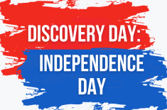 Graphic with red and blue paint-stroke banners on a light gray background. Large white text reads “Discovery Day: Independence Day.”