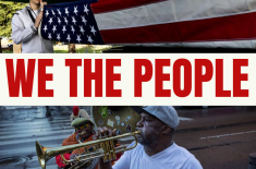 Promotional graphic for “We the People” featuring a sailor holding a folded American flag at the top and two New Orleans brass musicians performing at the bottom. Large red text in the center reads “WE THE PEOPLE.”