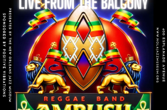 Promotional graphic for Live From the Balcony featuring Ambush Reggae Band. The design shows a colorful reggae-inspired crest with red, green, yellow, and black accents, two gold lions holding flags, and a shield with African-inspired patterns. Text reads: “Tues June 9, 5:00–6:00 PM. Live from the Balcony. Reggae Band Ambush. Presented by the New Orleans Jazz Museum. Sponsored by Positive Vibrations. 400 Esplanade Avenue. www.nolajazzmuseum.org.”