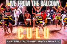 Promotional graphic for Live From the Balcony featuring Culu Children’s Traditional African Dance Company. Children in black, yellow, and white costumes dance on a wooden stage with arms raised while musicians play drums behind them. Text reads: “Tues 6/16, 5:00–6:00 PM. Live from the Balcony. Culu. Children’s Traditional African Dance Co. Presented by the New Orleans Jazz Museum. Sponsored by Positive Vibrations.”