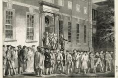 Black-and-white historical illustration showing Colonel John Nixon reading the Declaration of Independence to a crowd gathered outside the Pennsylvania State House, now Independence Hall, in Philadelphia on July 8, 1776.