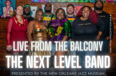 Promotional graphic for Live From the Balcony featuring The Next Level Band. A group of band members stands together in a colorful indoor venue, with large white text reading “Live From the Balcony” and “The Next Level Band.” Additional text reads: “Tues 6/23, 5:00–6:00 PM. Presented by the New Orleans Jazz Museum. Sponsored by Positive Vibrations.”