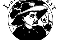 Black-and-white Lafcadio Fest logo featuring an illustrated portrait of Lafcadio Hearn in a wide-brimmed hat, set in front of a globe. Curved text reads “Lafcadio Fest” above the portrait and “Est. 2026” below.