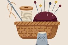 Illustration of a woven sewing basket holding a spool of thread, a threaded needle, and a burgundy pincushion filled with colorful straight pins. A gray thimble rests in front of the basket.