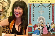 A composite image featuring a portrait of author Laura Guccione on the left and her book cover on the right. On the left, Guccione is a smiling woman with long black hair, straight bangs, wearing a black top, a gold and orange patterned scarf, and leaning near a leopard-print cushion with a laptop in front of her. On the right, the book cover for St. Joseph's Day in New Orleans shows an elegant classical ballroom scene under a large crystal chandelier and floral garlands. A group of diverse figures in histo