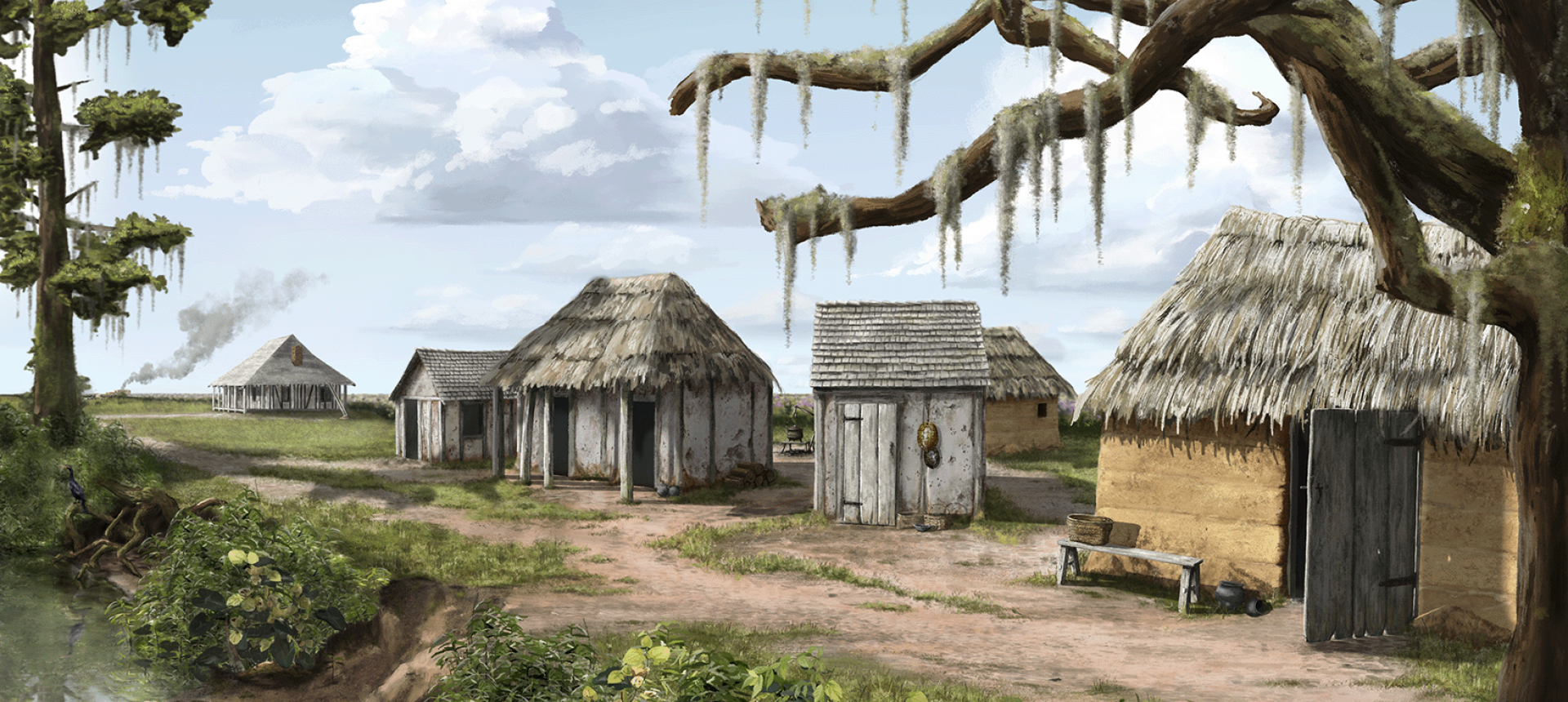 Cane River Reconstruction: An illustrated recreation of the Cane River and Metoyer homesite as it would have appeared during the late colonial period in the Cane River region of Natchitoches, Louisiana. This detailed rendering, created by the University College London Museum Studies Program, is based on GIS mapping and archaeological excavations of the present-day site, offering a glimpse into the landscape and architecture of this historically significant area.