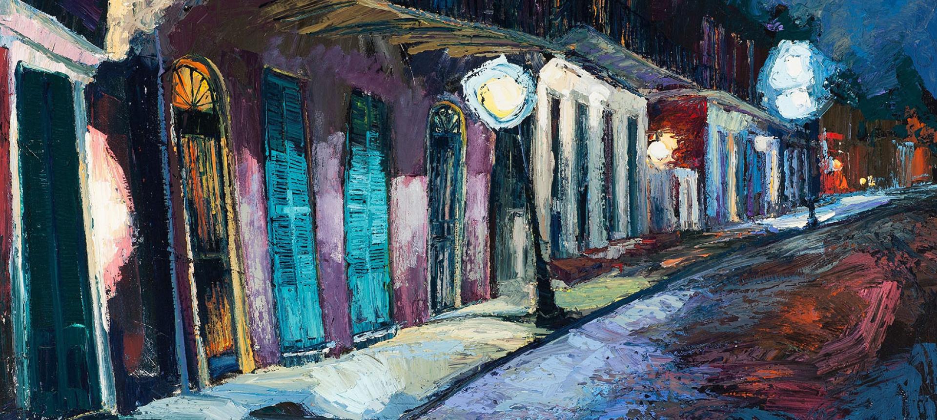 Deliberating Distance. Painting by James Michalopoulos. Expressionist nighttime street scene in the French Quarter, New Orleans. Vibrant brushstrokes capture glowing streetlamps, colorful facades with turquoise shutters, and a deep blue sky.