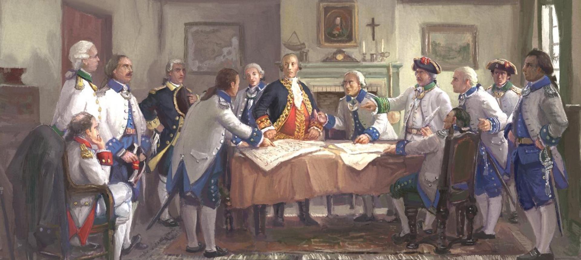 Painting of Bernardo de Gálvez and his officers gathered around a large table during a war council (Junta de Guerra) in July 1779. Gálvez, in a red and gold uniform, stands at the center directing discussion as maps are spread before them.