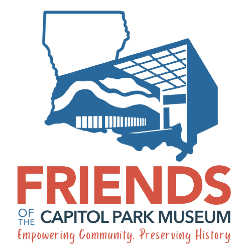 Logo for Friends of the Capitol Park Museum featuring a blue outline of the state of Louisiana overlaid with a stylized museum building and landscape. The word “FRIENDS” appears in bold red letters above the text “of the Capitol Park Museum,” with the tagline “Empowering Community, Preserving History” below.