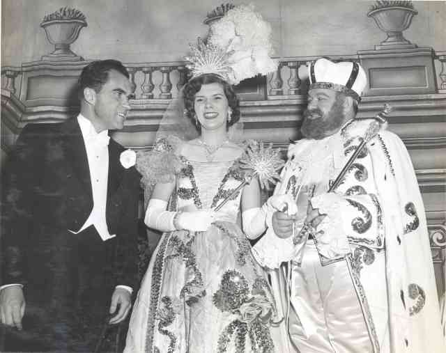 (left to right) Vice President Richard Nixon; queen Dawn Marie Hebert, daughter of Congressman F. Edward Hebert; and king James A. Noe, former governor of Louisiana, 1953. Gift of Dawn Hebert, 2013.046.10. (left to right) Vice President Richard Nixon; queen Dawn Marie Hebert, daughter of Congressman F. Edward Hebert; and king James A. Noe, former governor of Louisiana, 1953. Gift of Dawn Hebert, 2013.046.10.